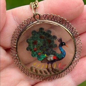 Victorian Handmade Double Sided Peacock Feather 10k Pendant Gold Filled Chain